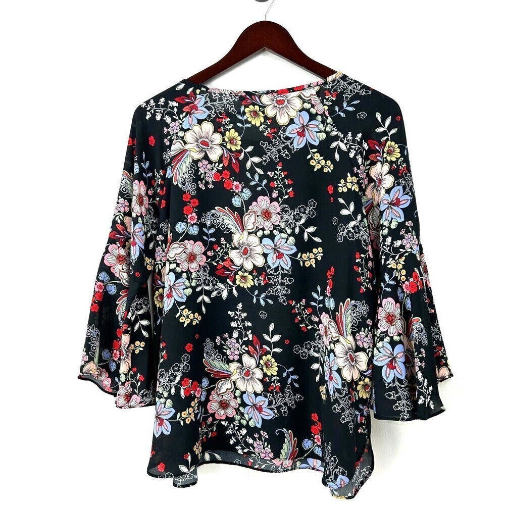 Zac & Rachel Womens Black Floral Round Neck Bell Sleeve Sheer Blouse PL 1140U4 - Picture 8 of 12